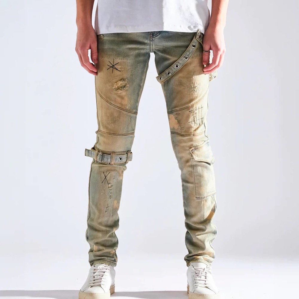 Embellish NYC Men's Buckle Straps Rip & Repair Distressed Skinny Fit Denim Jeans